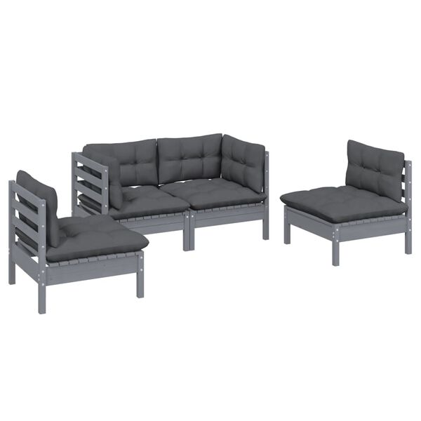vidaXL 4 pcs conjunto lounge de jardim + almofad&otilde;es pinho maci&ccedil;o