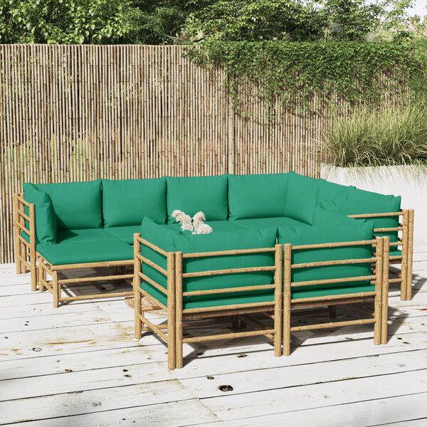 vidaXL 10 pcs conjunto lounge de jardim bambu c/ almofadões verdes