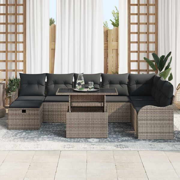 vidaXL Conjunto de Sof&aacute; de Jardim 9 pcs Cinzeto Rattan Sint&eacute;tico