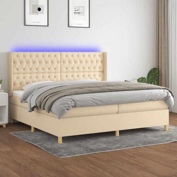 vidaXL Cama box spring c/ colch&atilde;o e LED 200x200 cm tecido cor creme