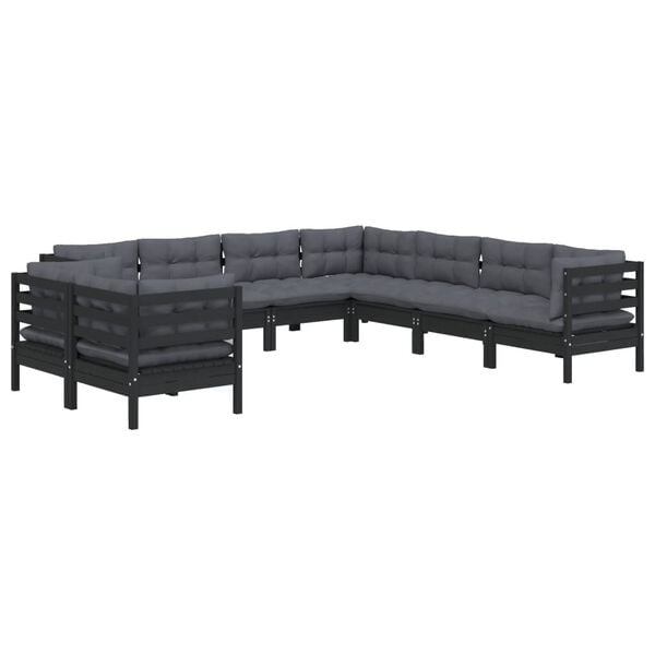 vidaXL 9 pcs conjunto lounge jardim c/ almofad&otilde;es pinho maci&ccedil;o preto