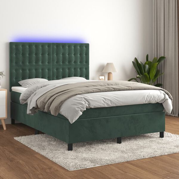 vidaXL Cama box spring c/ colch&atilde;o/LED 140x200 cm veludo verde-escuro