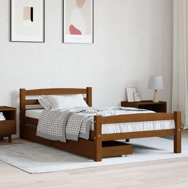 vidaXL Estrutura cama c/ 2 gavetas 90x200 cm pinho maci&ccedil;o castanho mel