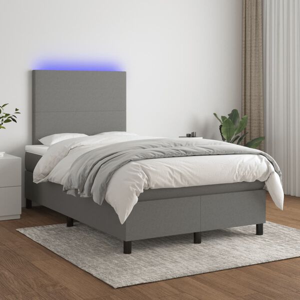 vidaXL Cama box spring c/ colch&atilde;o e LED 120x200 cm tecido cinza-escuro