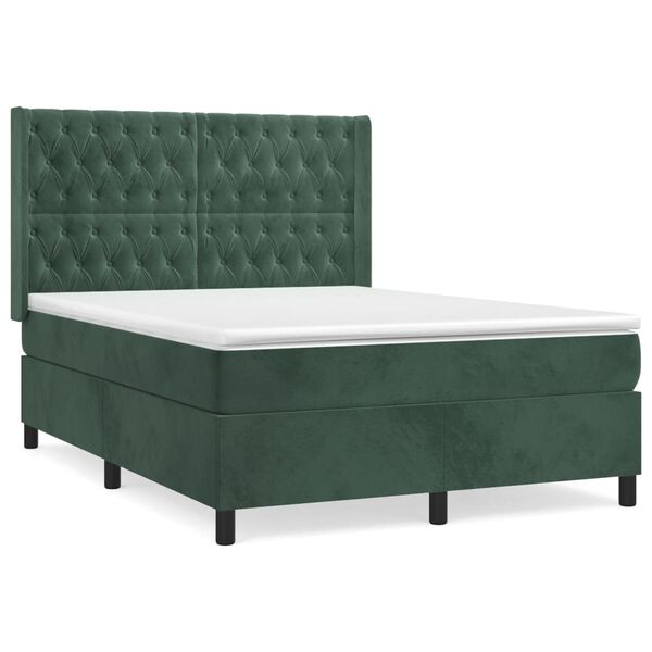 vidaXL Cama com molas/colch&atilde;o 140x190 cm veludo verde-escuro