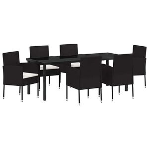 vidaXL Conjunto de Jantar para Jardim com almofada 7 pcs Preto vime PE