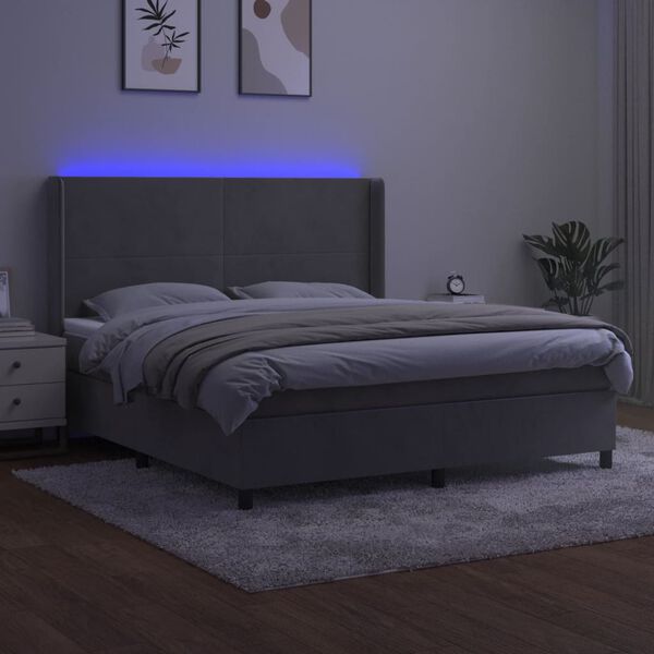 vidaXL Cama box spring c/ colch&atilde;o/LED 160x200 cm veludo cinzento-claro