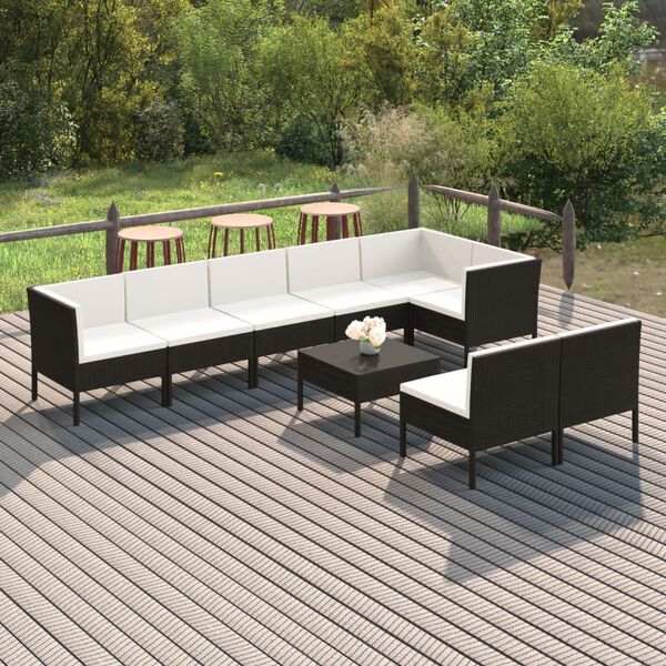 vidaXL 9 pcs conjunto lounge de jardim c/ almofad&otilde;es vime PE preto