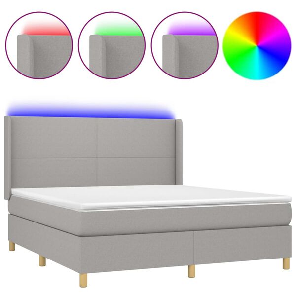 vidaXL Cama box spring c/ colch&atilde;o e LED 180x200 cm tecido cinza-claro