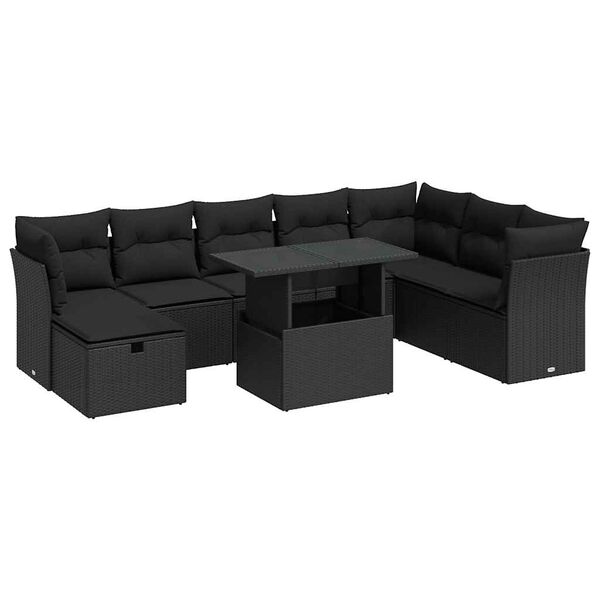 vidaXL 9 pcs conjunto de sof&aacute;s p/ jardim c/ almofad&otilde;es vime PE preto