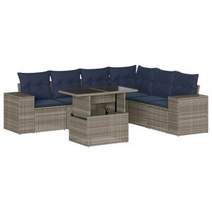 vidaXL Conjunto de sof&aacute; de jardim com 7 pe&ccedil;as e almofadas em rattan sint&eacute;tico cinza