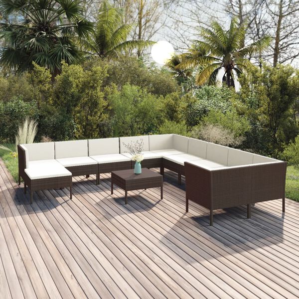 vidaXL 12 pcs conjunto lounge jardim c/ almofad&otilde;es vime PE castanho