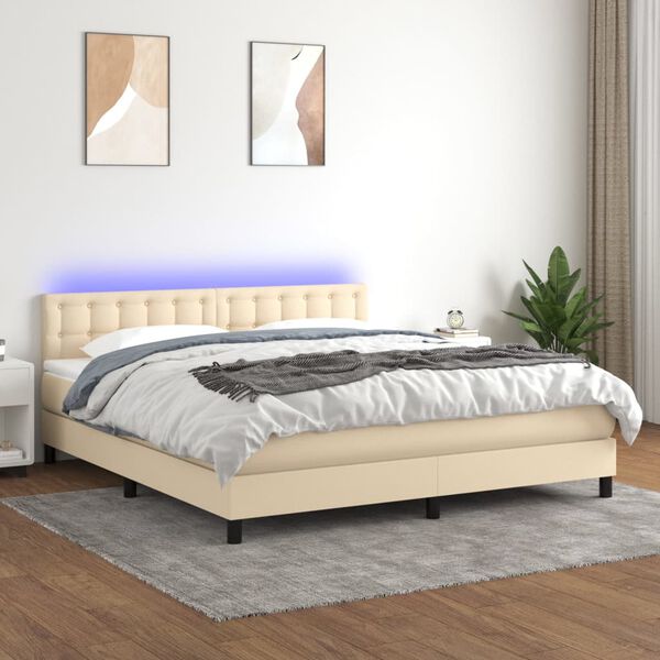 vidaXL Cama box spring c/ colch&atilde;o e LED 180x200 cm tecido cor creme