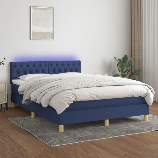 vidaXL Cama box spring c/ colch&atilde;o e LED 140x190 cm tecido azul
