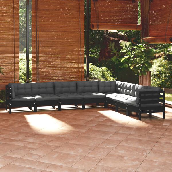 vidaXL 8 pcs conjunto lounge jardim c/ almofad&otilde;es pinho maci&ccedil;o preto