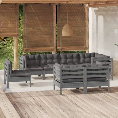 vidaXL 8 pcs conjunto lounge de jardim + almofadões pinho maciço cinza