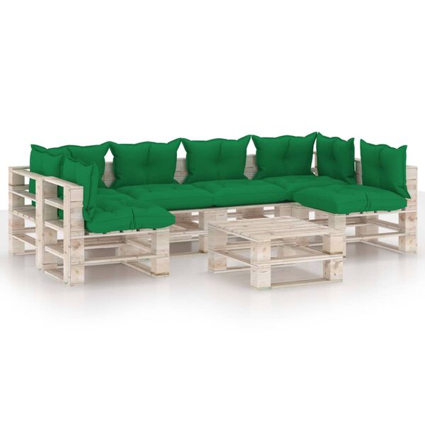 vidaXL 7 pcs conj. lounge de paletes p/ jardim com almofad&otilde;es pinho