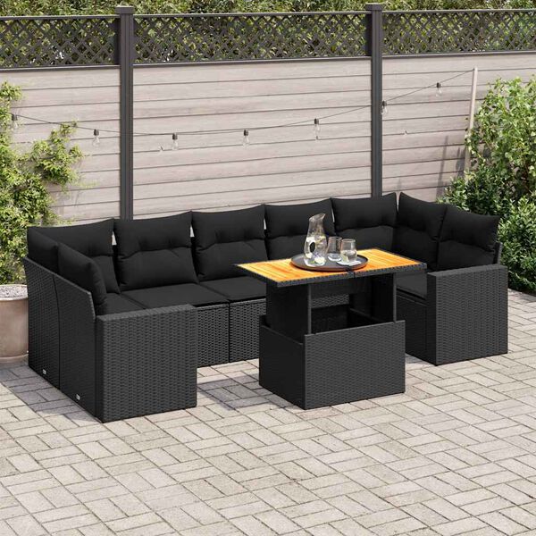 vidaXL 8 pcs conjunto sof&aacute;s de jardim com almofad&otilde;es vime PE preto