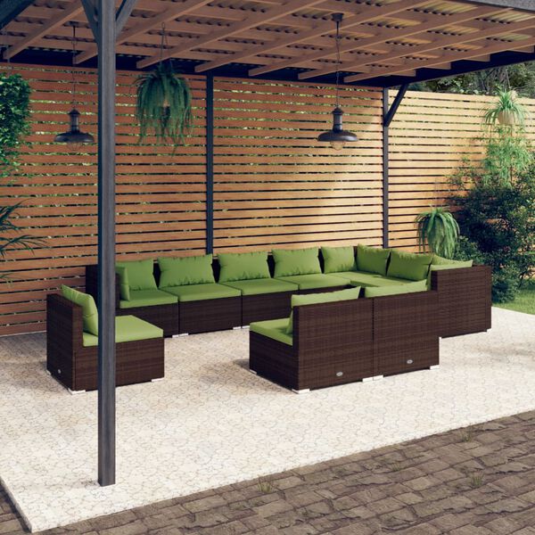 vidaXL 10 pcs conjunto lounge jardim c/ almofadões vime PE castanho