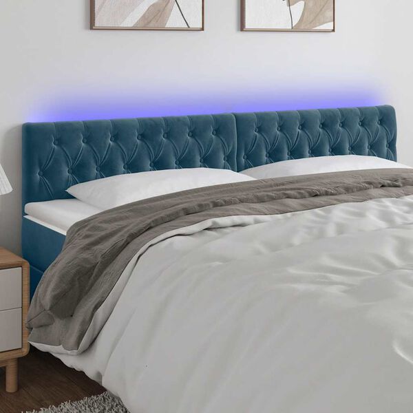 vidaXL Cabeceira de cama c/ luzes LED veludo 180x7x78/88cm azul-escuro