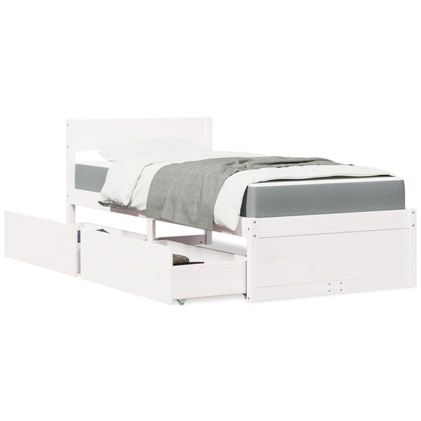 VidaXL Cama com gavetas e colch&atilde;o 90x200 cm pinho maci&ccedil;o branco