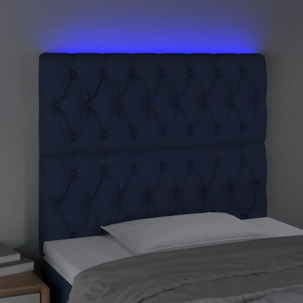 vidaXL Cabeceira de cama c/ luzes LED tecido 100x7x118/128 cm azul