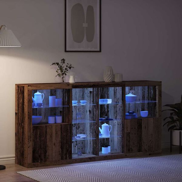 vidaXL Aparador LED 3 pcs Madeira antiga 202 x 37 x 100 cm