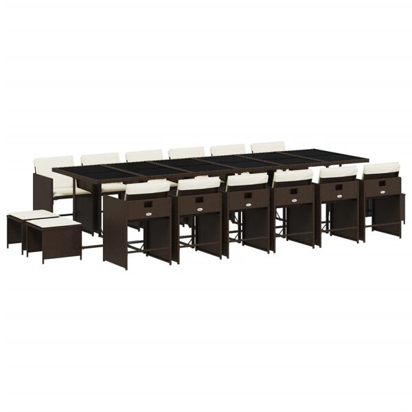 vidaXL 17 pcs conjunto jantar p/ jardim c/ almofad&otilde;es vime PE castanho