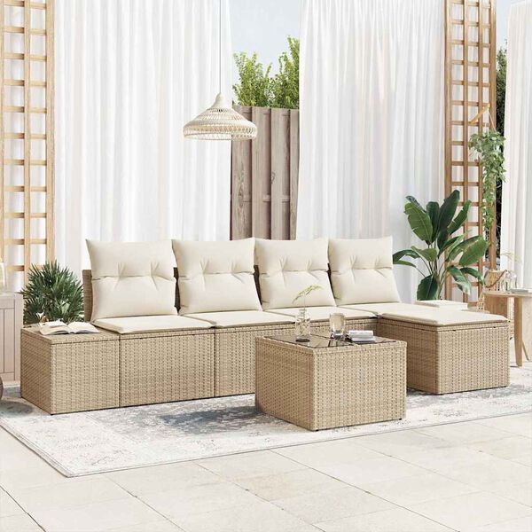 vidaXL Conjunto de Sof&aacute; de Jardim com almofada 6 pcs Bege vime PE