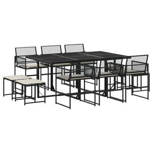 vidaXL 11 pcs conjunto de jantar p/ jardim c/ almofad&otilde;es vime PE preto