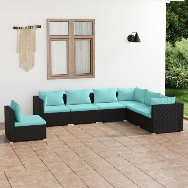 vidaXL 7 pcs conjunto lounge de jardim c/ almofad&otilde;es vime PE preto