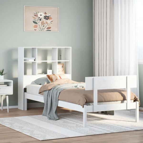 vidaXL Cama com estante sem colch&atilde;o 90x200 cm pinho maci&ccedil;o branco