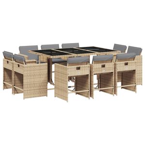 vidaXL 11 pcs conj. jantar jardim c/ almofad&otilde;es vime PE bege misturado