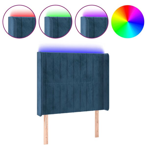 vidaXL Cabeceira cama c/ luzes LED veludo 83x16x118/128 cm azul-escuro