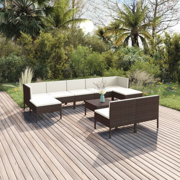 vidaXL 10 pcs conjunto lounge jardim c/ almofad&otilde;es vime PE castanho