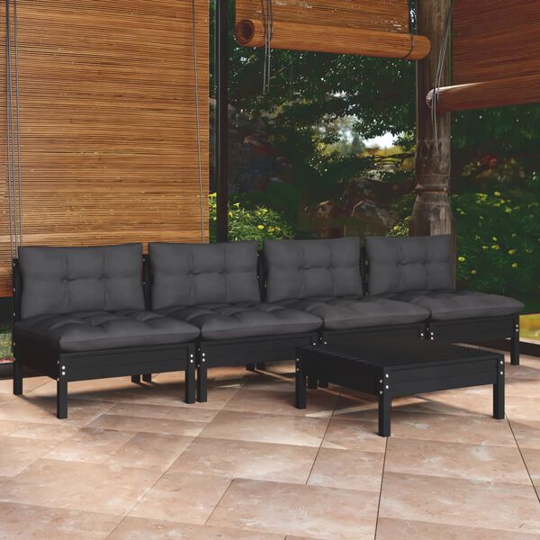 vidaXL 5 pcs conj. lounge de jardim com almofad&otilde;es antracite pinho