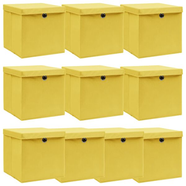 vidaXL Caixas de arruma&ccedil;&atilde;o com tampas 10pcs 32x32x32 cm tecido amarelo