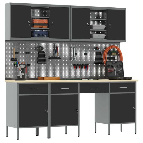 vidaXL Bancada de trabalho 10 pcs Preto 200 x 55 x 200 cm A&ccedil;o