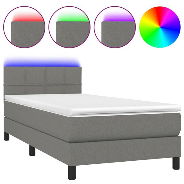 vidaXL Cama box spring c/ colch&atilde;o e LED 100x200 cm tecido cinza-escuro