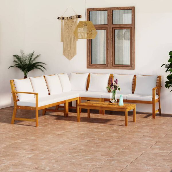vidaXL 6 pcs conj. lounge jardim c/ almofad&otilde;es cor creme ac&aacute;cia maci&ccedil;a