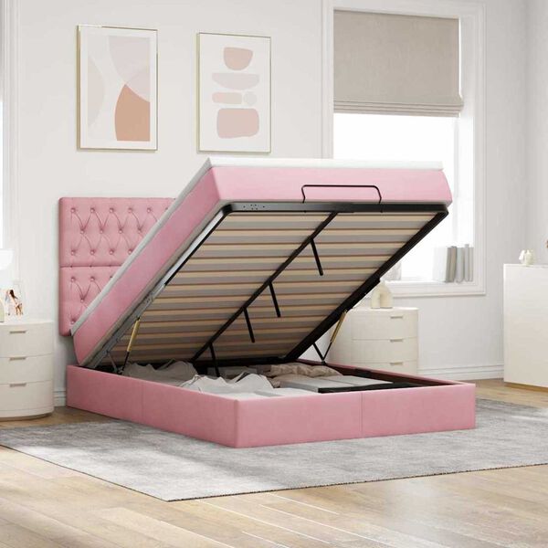 vidaXL Estrutura de cama otomana com colch&otilde;es 140x190 cm veludo rosa