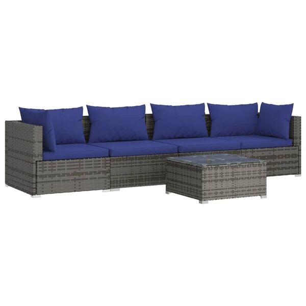 vidaXL 5 pcs conjunto lounge de jardim c/ almofadões vime PE cinzento