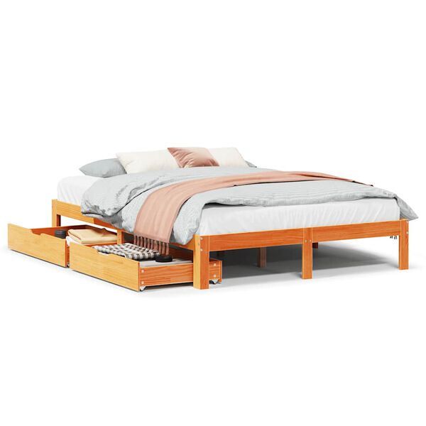 vidaXL Estrutura cama c/ gavetas 140x190 cm pinho maci&ccedil;o castanho-mel
