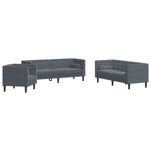 vidaXL 3 pcs conj. de sof&aacute;s chesterfield com rolos veludo cinza-escuro