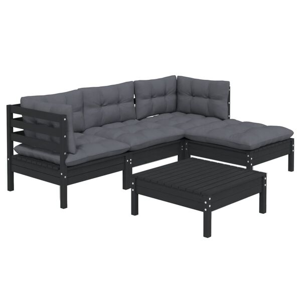 vidaXL 5 pcs conjunto lounge de jardim c/ almofadões pinho preto