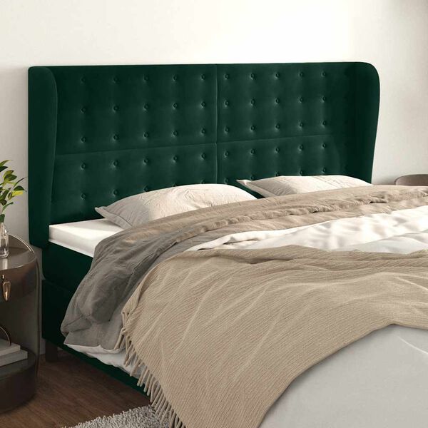 vidaXL Cabeceira cama c/ abas veludo 163x23x118/128 cm verde-escuro