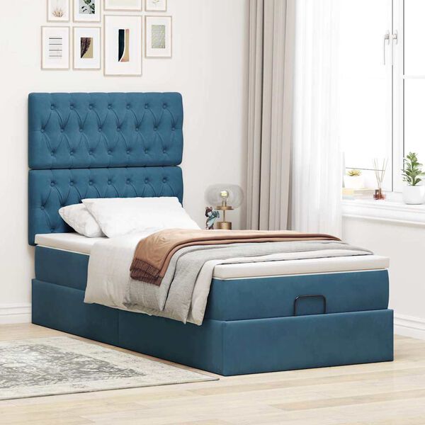 vidaXL Estrutura de cama otomana com colchões azul escuro veludo