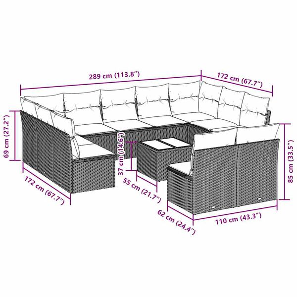 vidaXL 12 pcs conj. sofás jardim com almofadões vime PE cinzento-claro