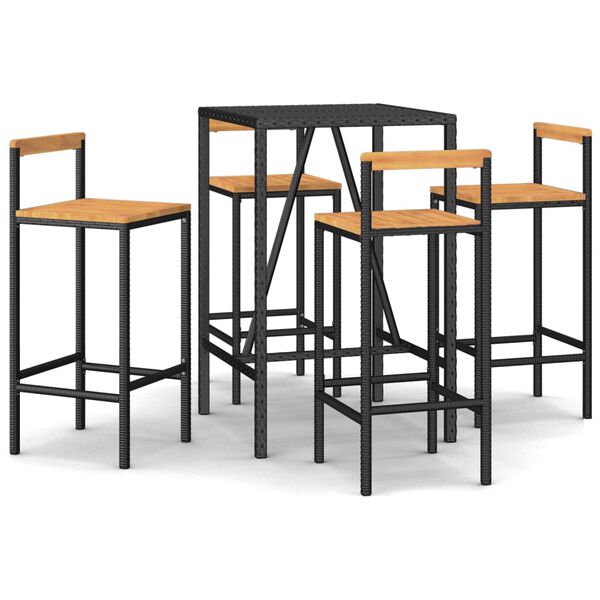 vidaXL 5 pcs conjunto de bar p/ jardim vime PE/ac&aacute;cia maci&ccedil;a preto