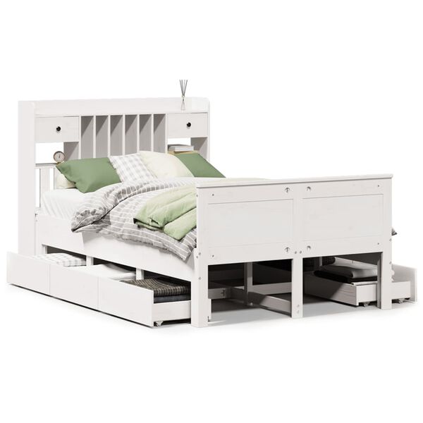 vidaXL Cama com estante sem colchão 135x190 cm pinho maciço branco